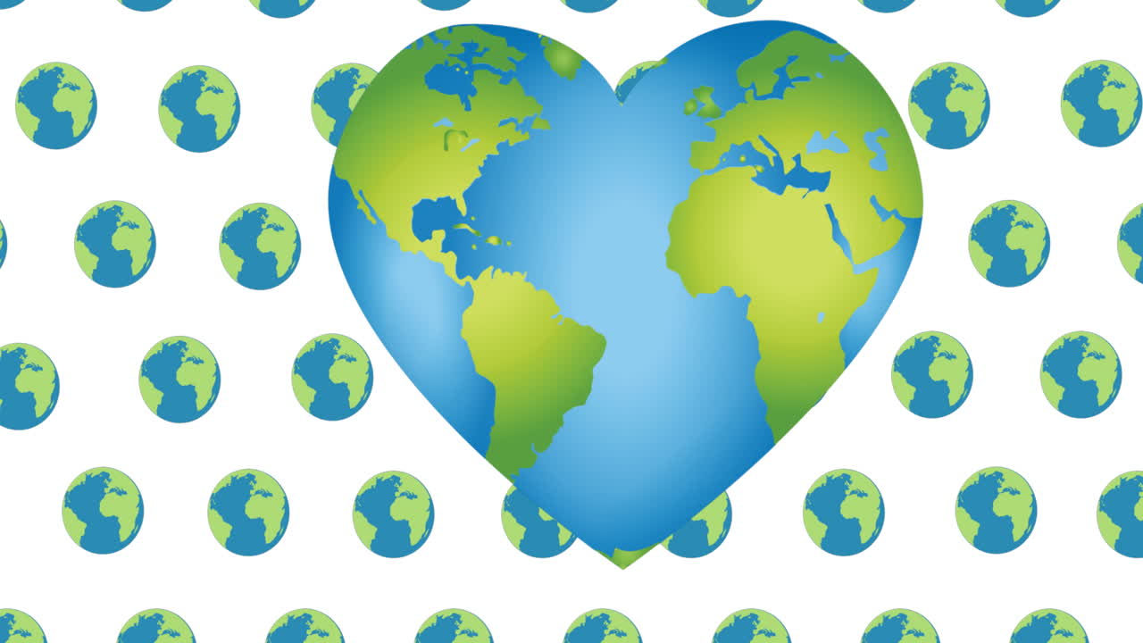 анимация глобуса формы сердца над глобусами на белом фоне