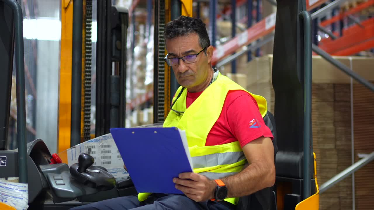 Forklift operator with clipboard in warehouse