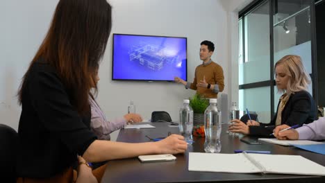 회의실 4k 에서 프레젠테이션 을 하는 사업가