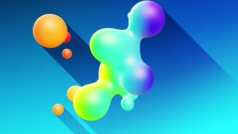multi-colored balls or bubbles with popular gradient colors and in subsurface glow material fly in the air merge like drops metaballs, spheres casting long shadows. 4k seamless looped background 10