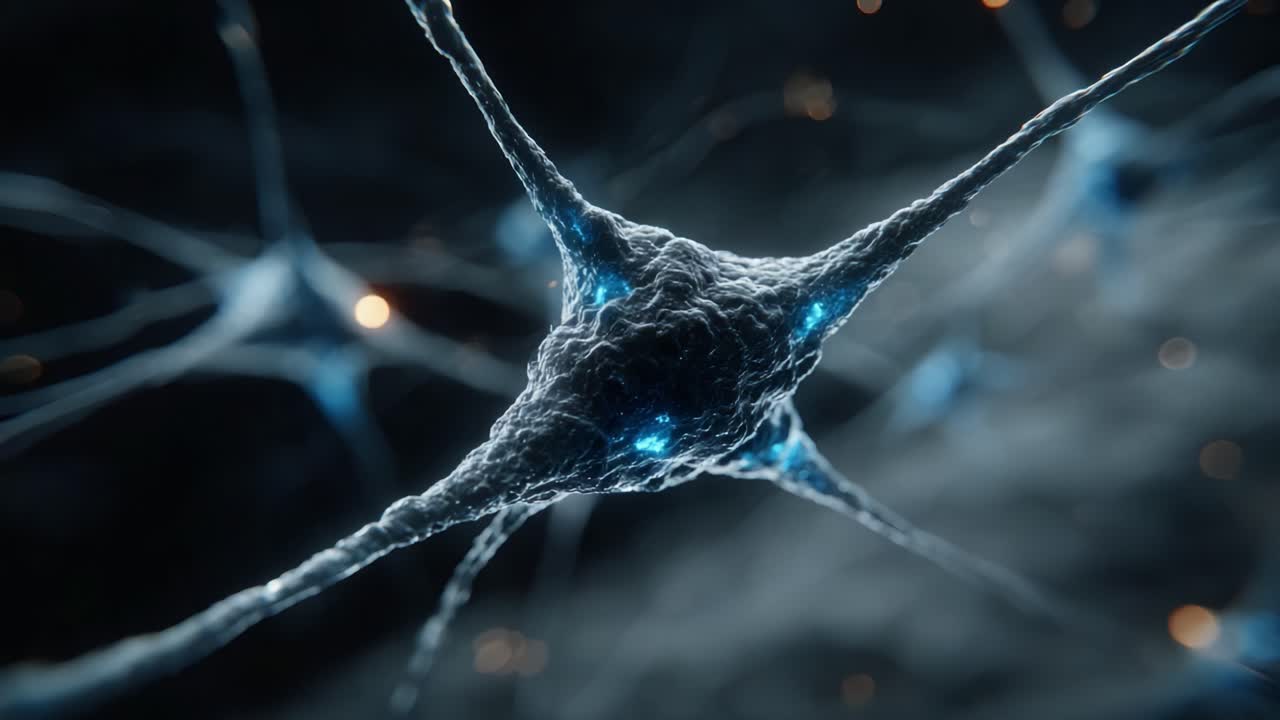 Exploring the Intricate World of Neurons: A Close-Up Perspective on Neural Cells with Pulsing Blue Connections and Stunning Microscopic Detail