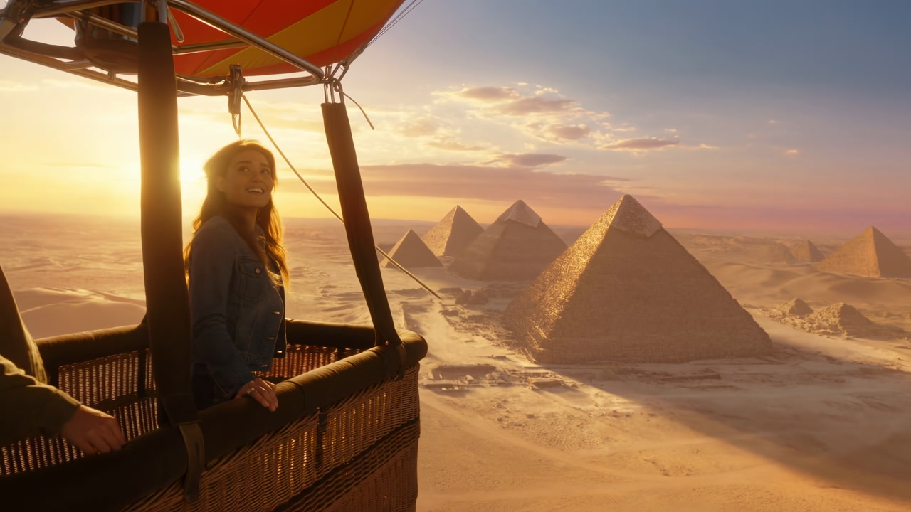 Caucasian Woman Balloon Over Pyramids Sunset Travel Blogger Leans On Wicker Basket Smiling As Balloon Drifts