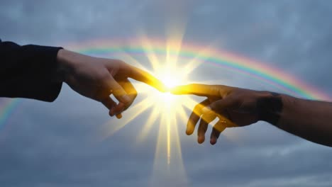 two hands stretch toward each other, creating a moment of connection illuminated by a radiant light. the hands are diverse, symbolizing unity and togetherness. a vibrant rainbow arcs beautifully in the background, adding a sense of hope and positivity to the scene. overcast skies enhance the visual