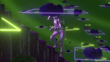 astronauta escalando montañas futuristas en un espacio iluminado por neón y lleno de nubes