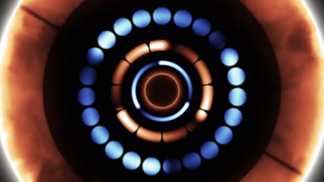 spinning light circles in electric blue and fire orange for a sci-fi effect background, with the camera flying out of the spinning circle tunnel with an energy warp in the center at the end