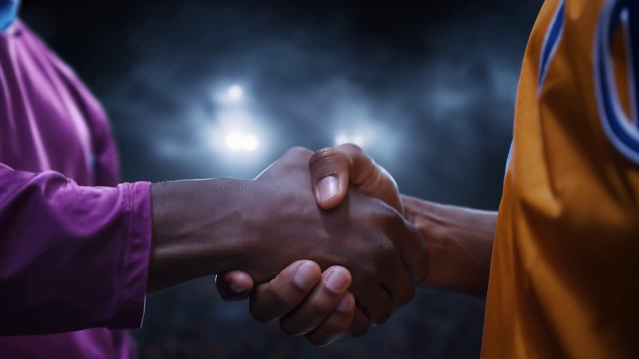 Two hands firmly shake, symbolizing agreement. Colors contrast sharply against a dark, moody background. Light beams glow behind, adding drama to the moment. The gesture conveys trust, respect