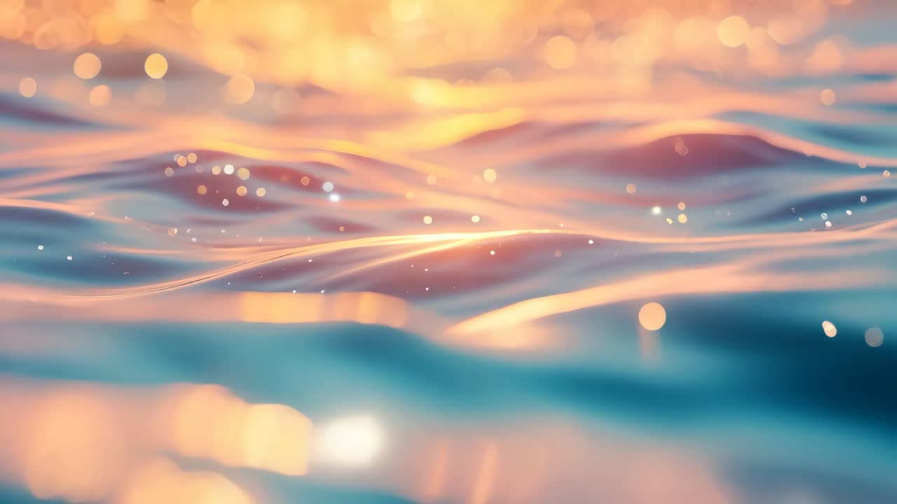 A serene, close-up video of gentle ocean waves at sunset, capturing the shimmering light and soft