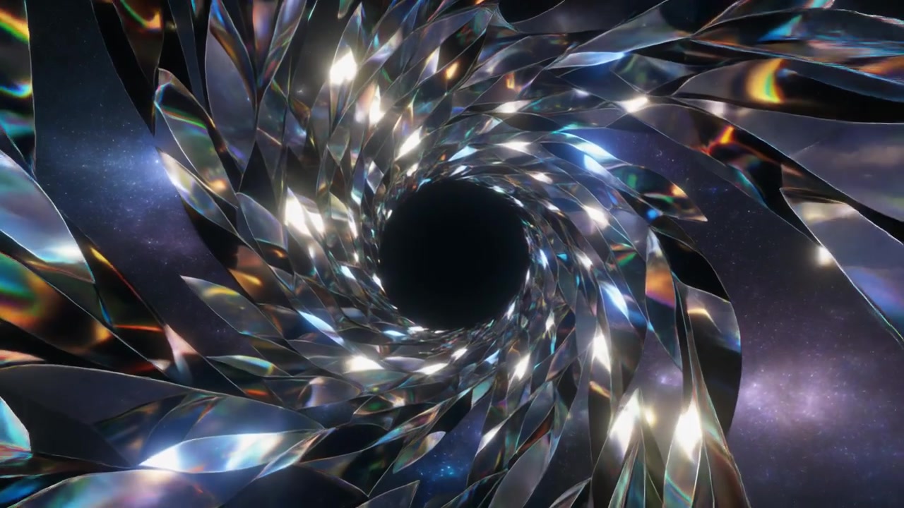 Frammenti metallici astratti rotanti che formano un tunnel oscuro.