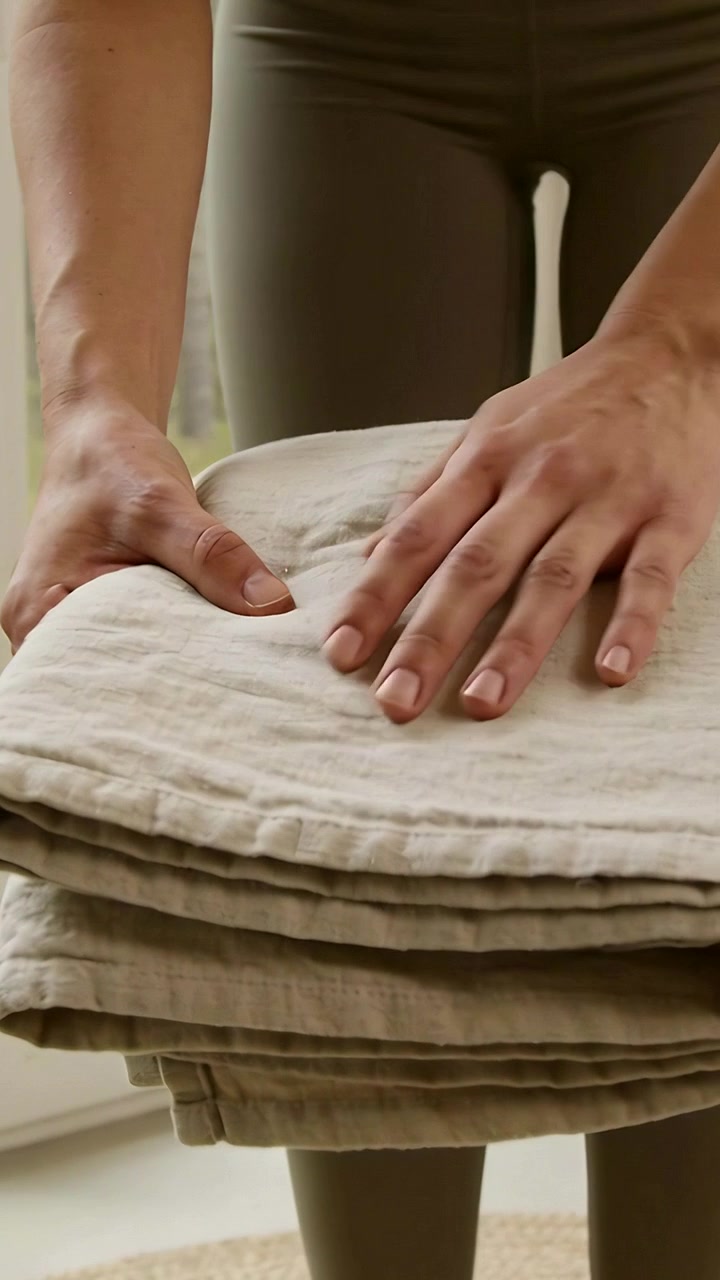 Video verticale: Donna in leggings che stabilizza una pila di biancheria con entrambe le mani, premendo.