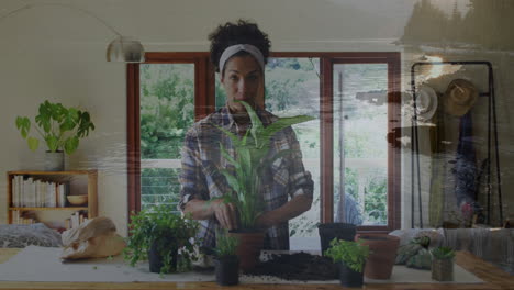 animation of landscape over biracial woman nurturing plant at home