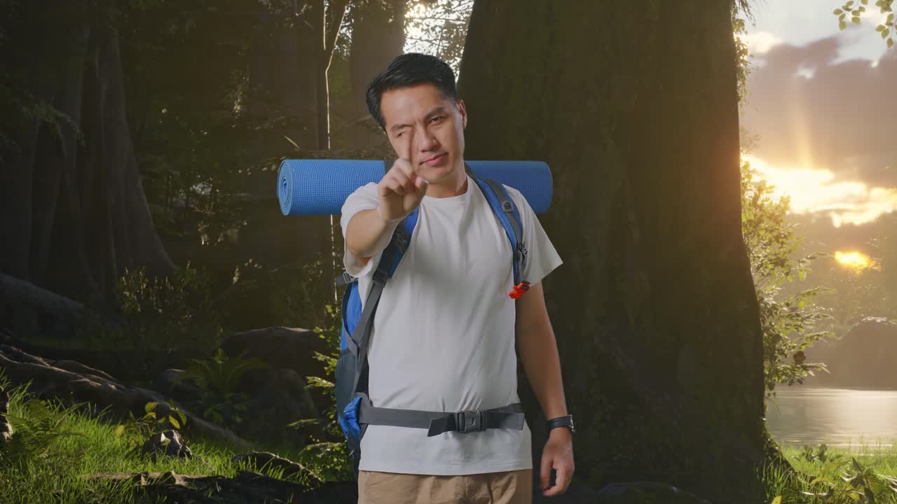 산악 등반 배을 가진 아시아 남성 하이커가 숲의 자연을 탐험하는 동안 지표손가락으로 제스처를 표시하지 않습니다.