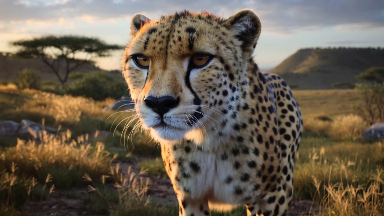 Following dirt track, adult cheetah closing in toward camera on savanna at dawn, with acacia tree