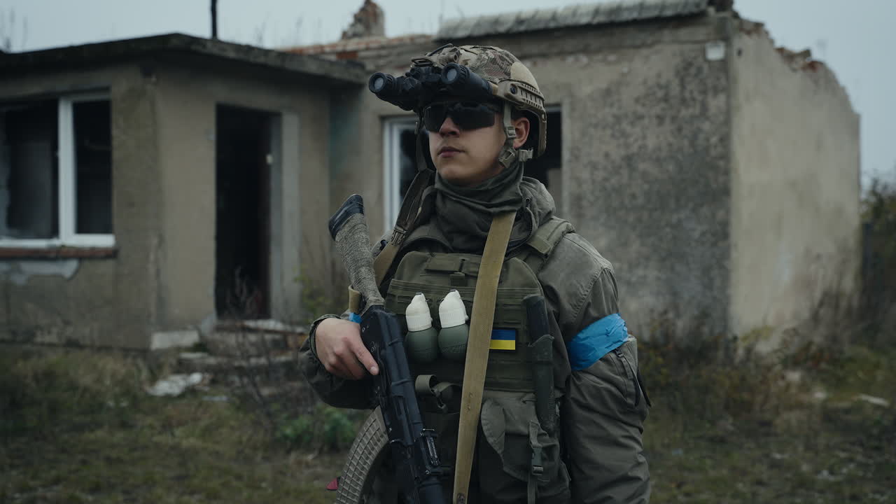Ukrainian Soldier in a War Zone