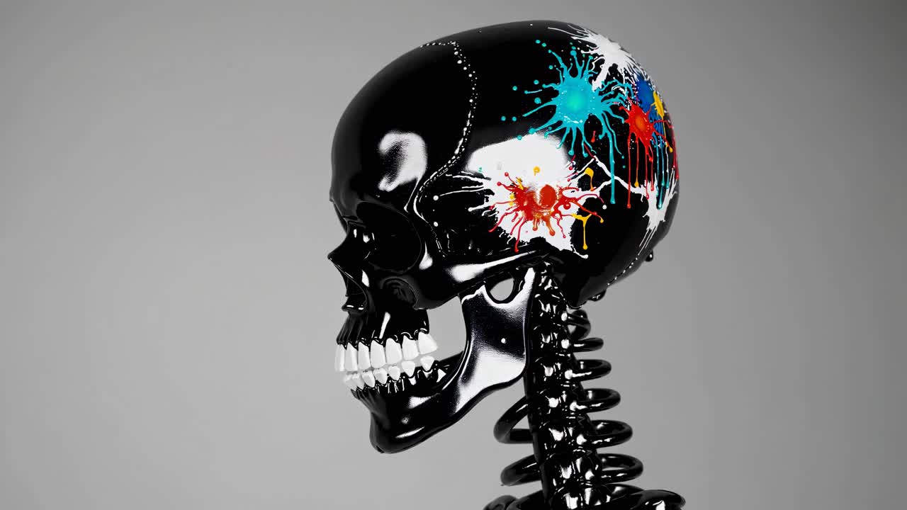 Black Skull Sculpture with Colorful Paint Splatters
