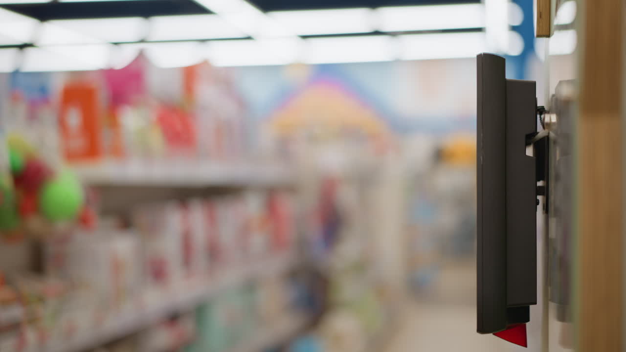 Fair skinned modern mother walks to touch screen retail kiosk with long painted nails, tapping digital interface for product information and price lookup, scanning display row