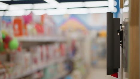 fair skinned modern mother walks to touch screen retail kiosk with long painted nails, tapping digital interface for product information and price lookup, scanning display row
