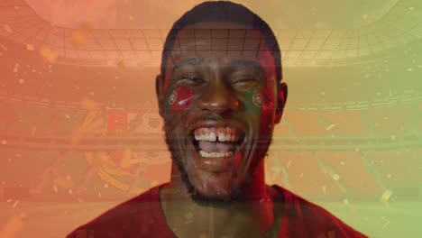 animación de confeti sobre sonriente futbolista afroamericano celebrando y bandera de portugal