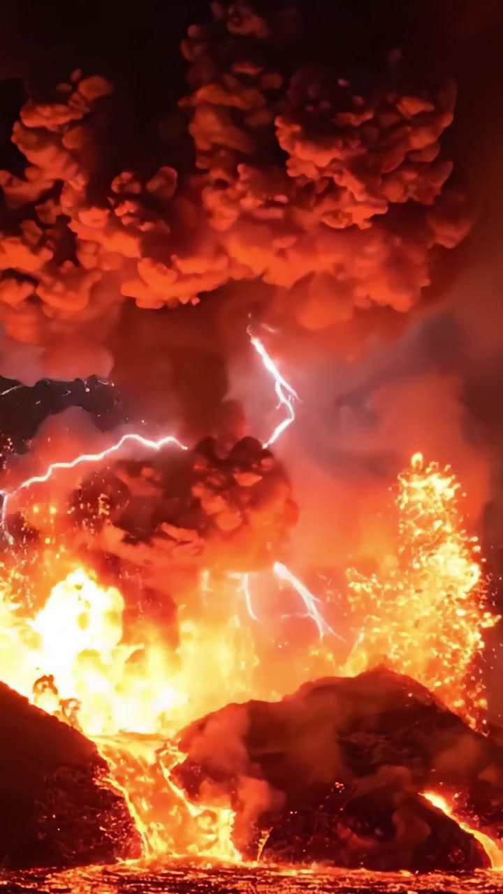 Eruzione esplosiva: Vedute affascinanti di una maestosa eruzione vulcanica con un flusso di lava infuocata e pennacchi di fumo ondeggianti che catturano la potenza primordiale della natura.