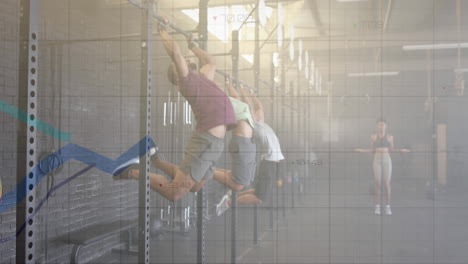 Animation of graph processing data over diverse group cross training on pull up bars and rope at gym