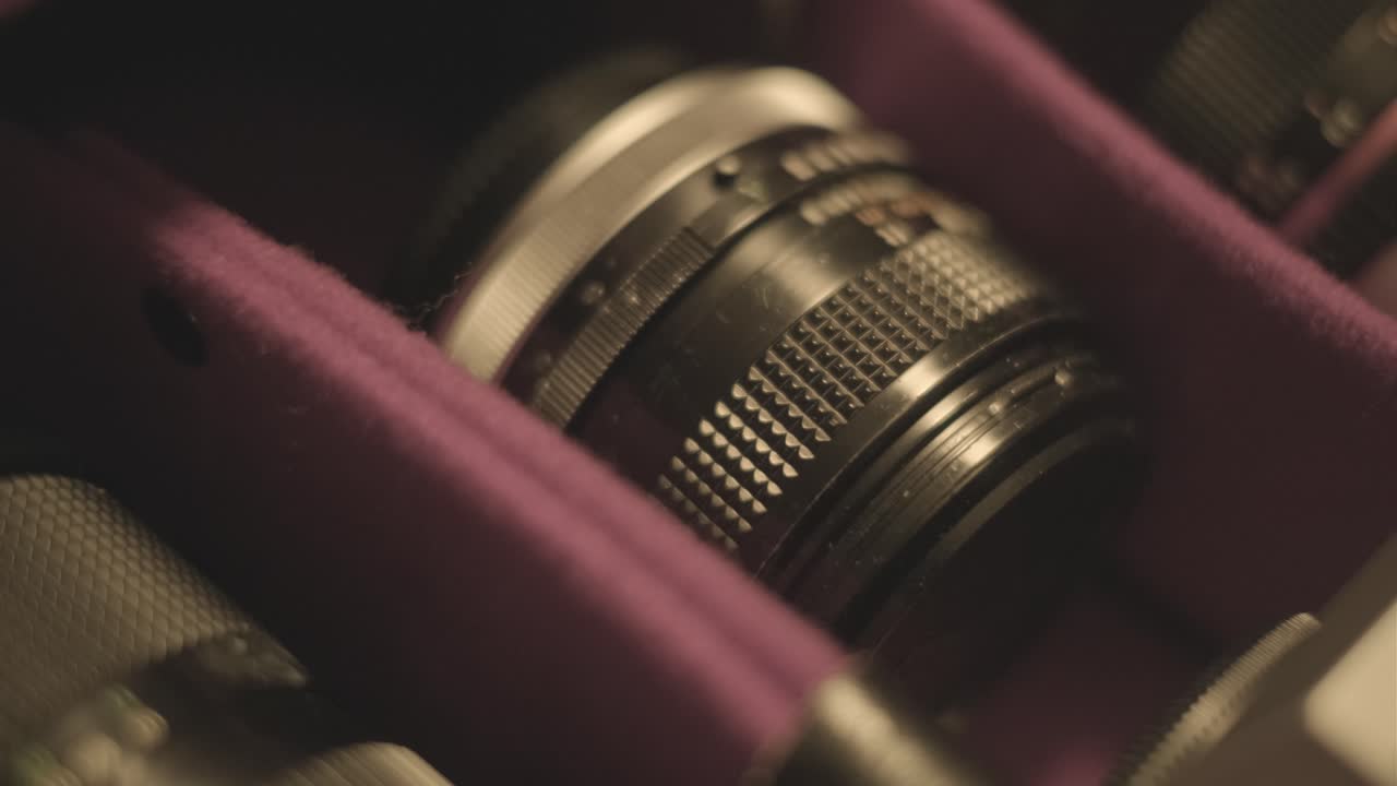 Zoom shot of a retro camera bag with camera and lens