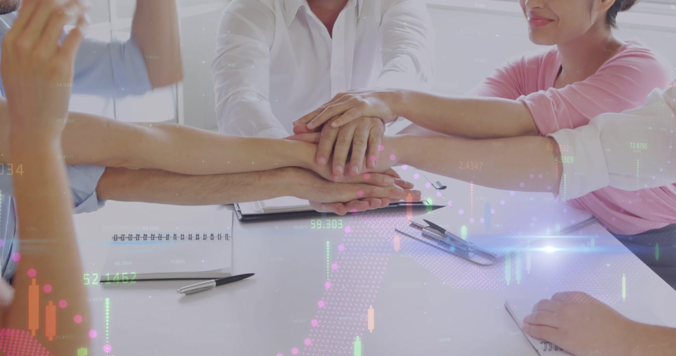 Animation of lights and graphs over caucasian businesspeople clapping hands with joy
