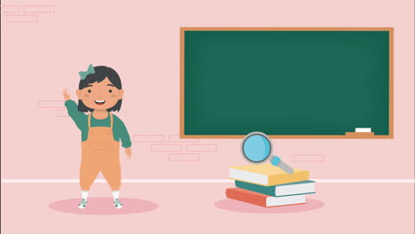 chica en el aula con libros y pizarra