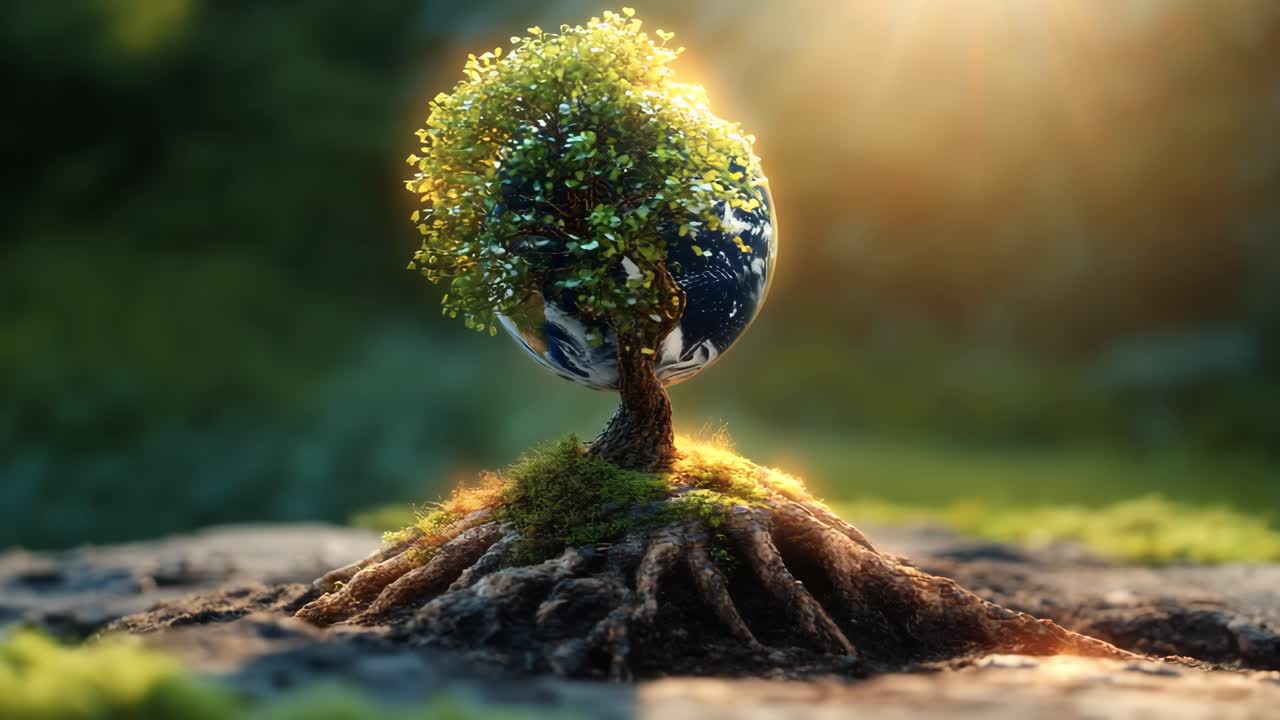 Earth growing from a tree at sunrise. A small tree with roots holds a globe, glowing softly in morning light. Nature blends with a symbol of the planet.