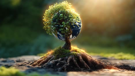 earth growing from a tree at sunrise. a small tree with roots holds a globe, glowing softly in morning light. nature blends with a symbol of the planet.