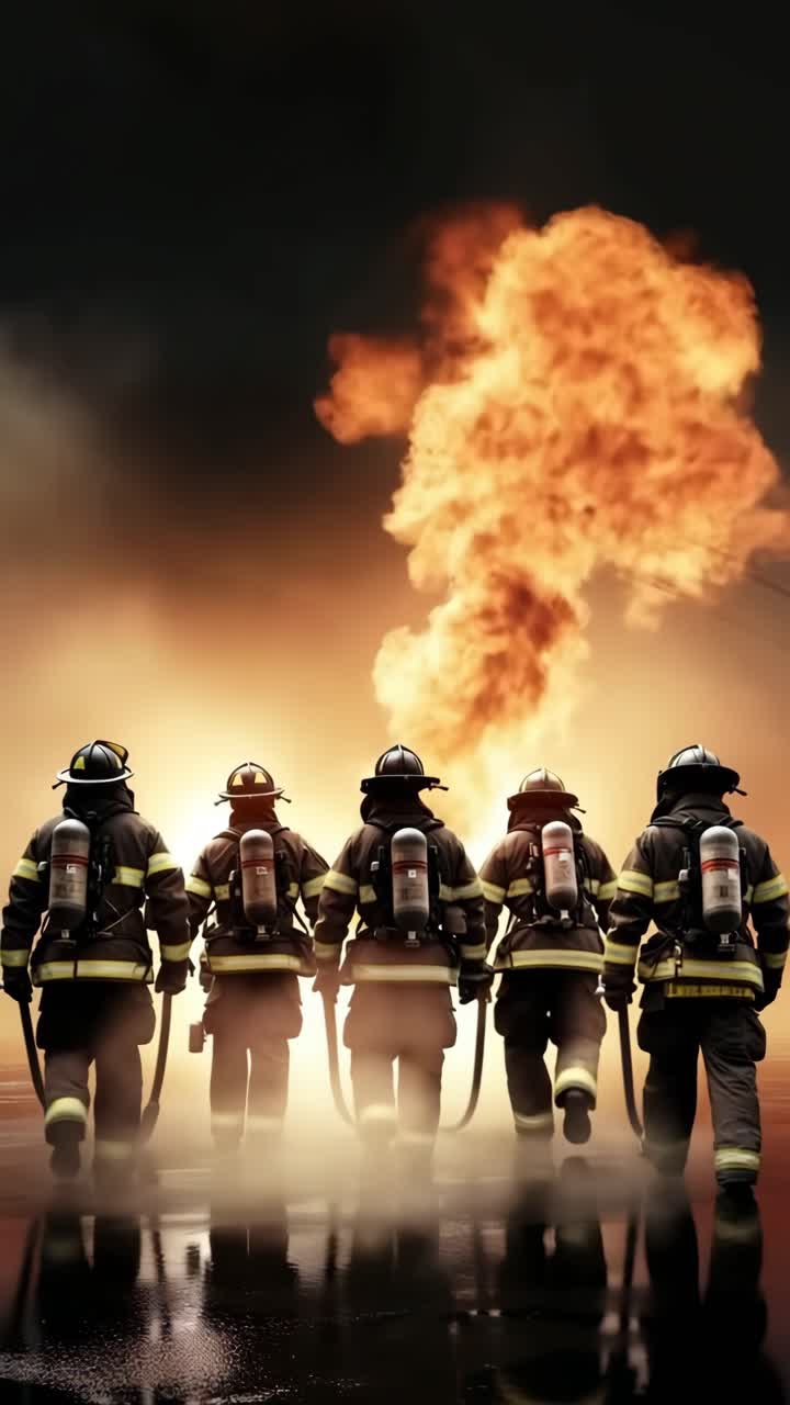 Dramatic low-angle shot of firefighters advancing towards flames, capturing the intensity