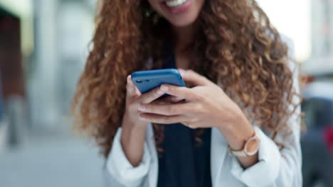 Hands,-phone-and-business-woman-laughing-in-city