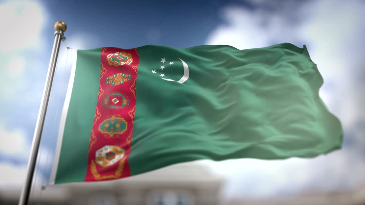 флаг туркменистана, размахивающий медленным движением 3d-рендеринг голубого неба на заднем плане - беспрепятственный цикл 4k