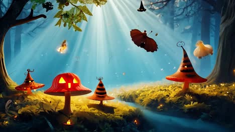 enchanted halloween forest with fairy and glowing pumpkins