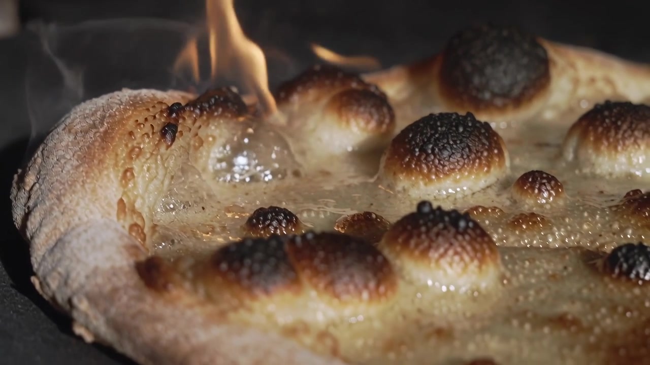 Pizza a contatto con il calore, fiamme che fanno gorgogliare e dorare le bolle di formaggio sulla pietra del forno