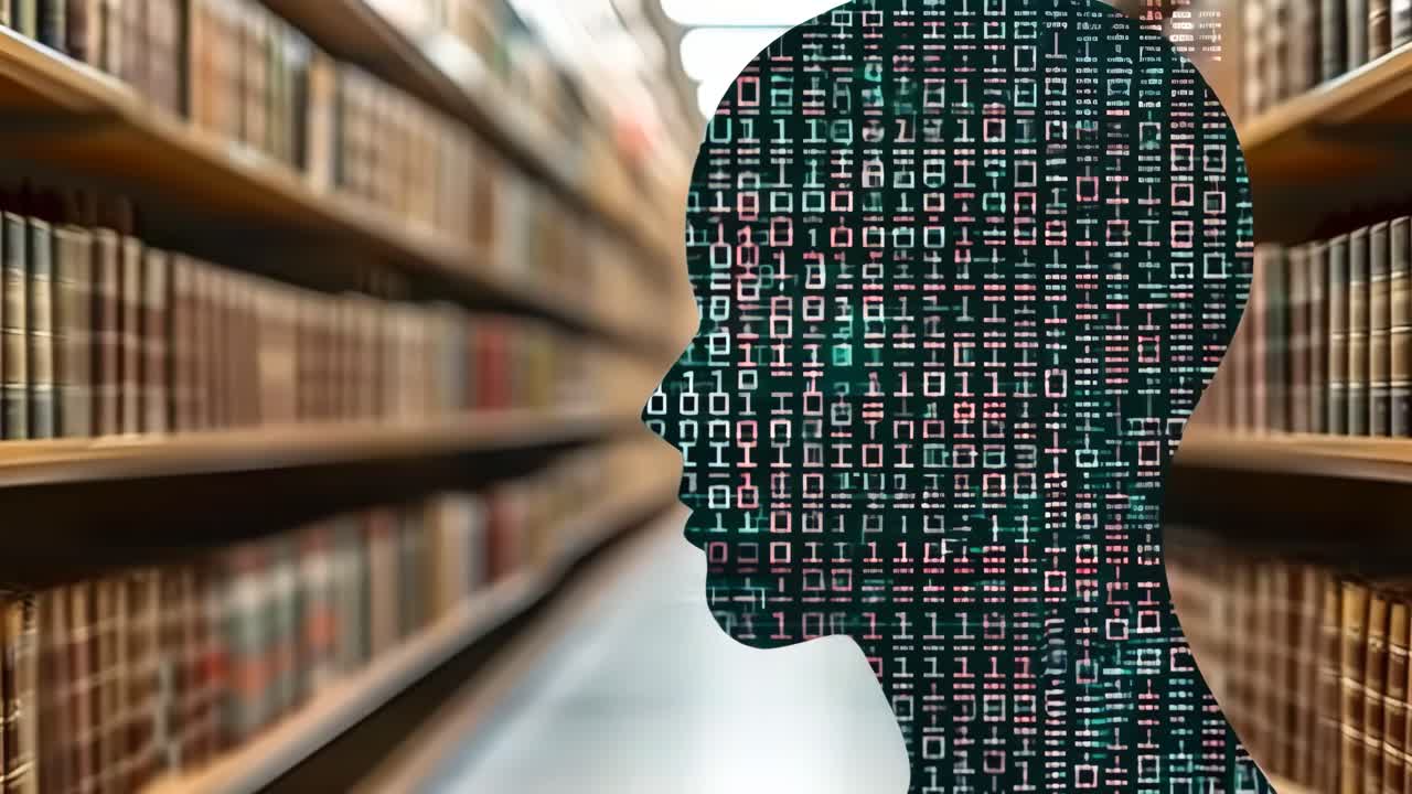 A head with a computer chip on it is in front of a library. The head is surrounded by bookshelves, and the books are arranged in rows. Concept of technology and knowledge