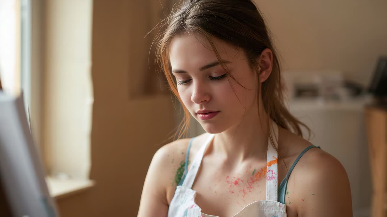 Studying canvas woman artist lifting gaze at window to evaluate colors wearing paint-stained apron