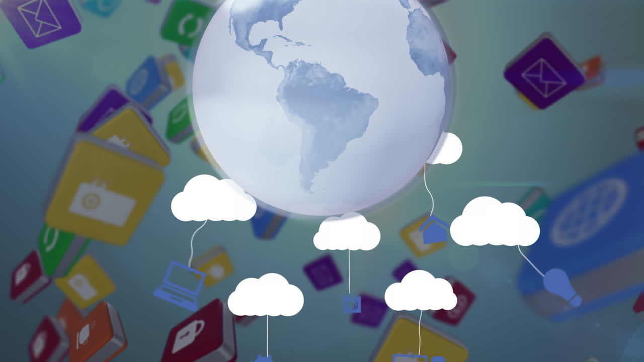 animación de iconos de las redes sociales que caen en todo el mundo sobre un fondo gris