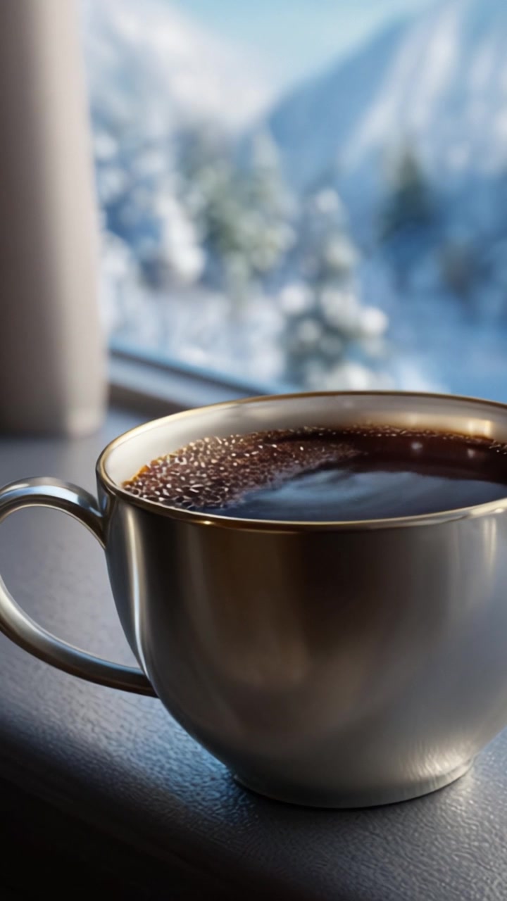 Una tazza di caffè fumante, ricca e deliziosa, è posizionata elegantemente accanto a una finestra, con vista su un paesaggio montano innevato, creando un'atmosfera serena e invitante.