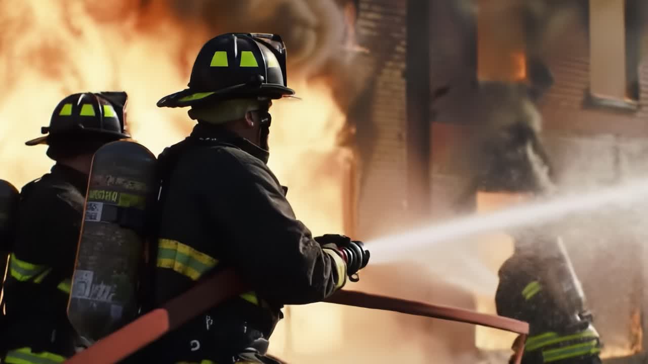 Brave firefighters are responding to a large fire in a commercial building, using hoses to extinguish flames and protect the surrounding area.