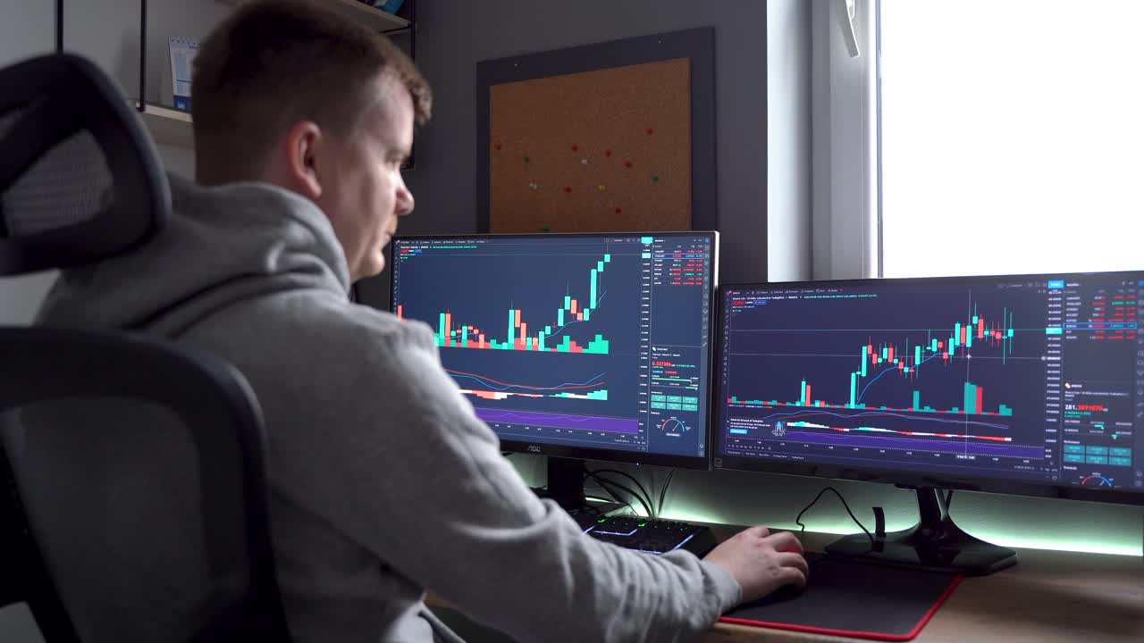 Young investor looking at graphs and charts showing stock market increase