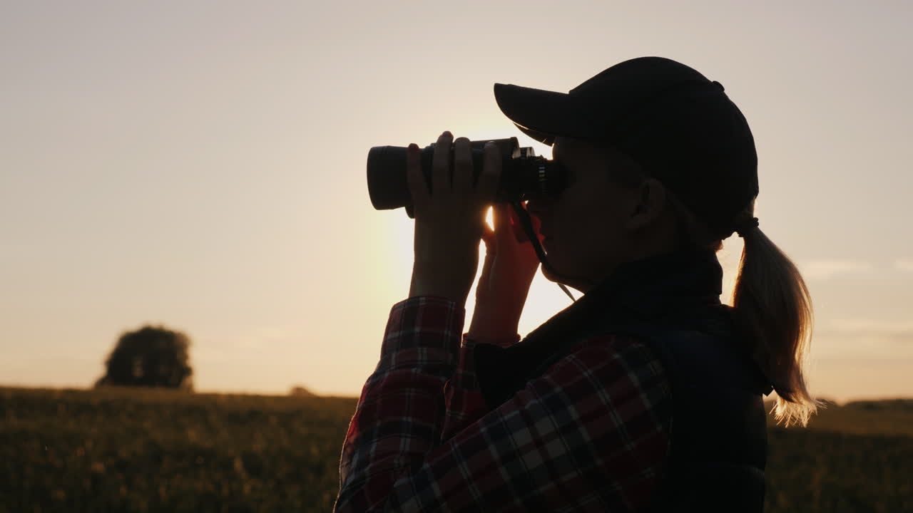 silueta de una mujer que mira hacia adelante a través de binoculares busca el horizonte viajes y safari co