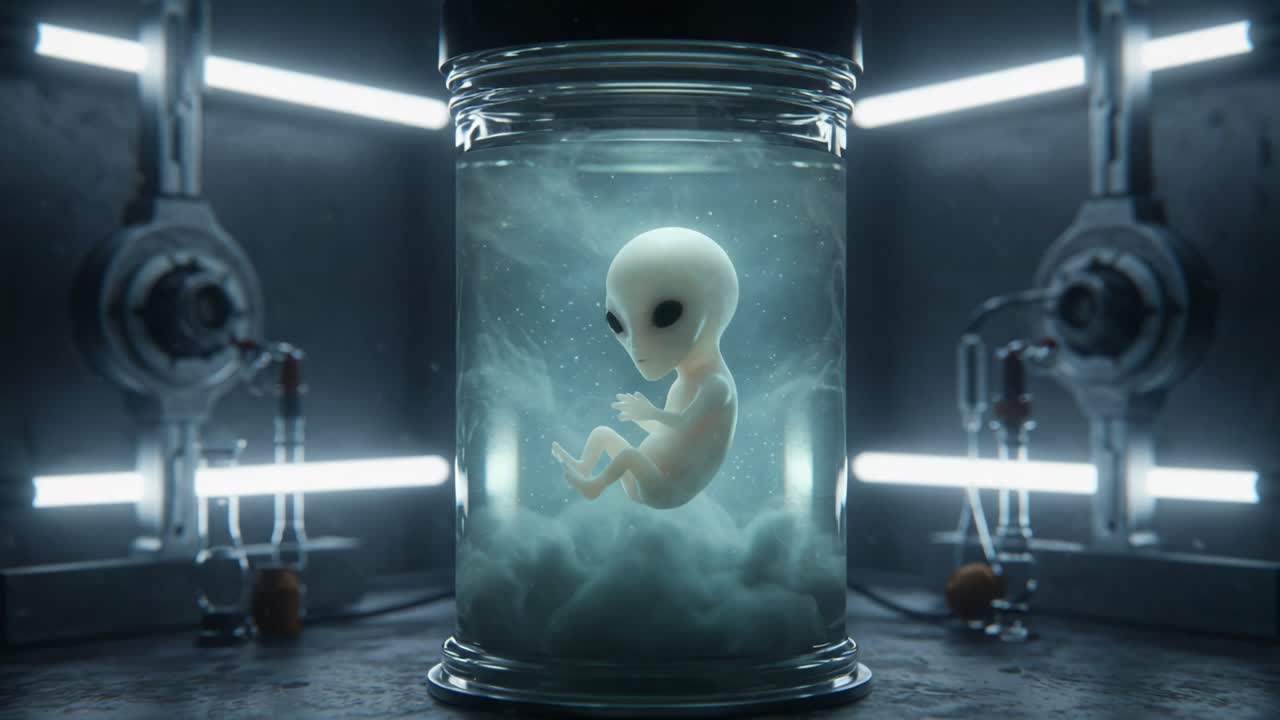 Una Creatura Misteriosa Racchiusa in un Contenitore di Vetro: Uno Studio Ravvicinato di un Essere Alieni Circondato da un'Atmosfera Nuvolosa e Elementi di Laboratorio Futuristico.