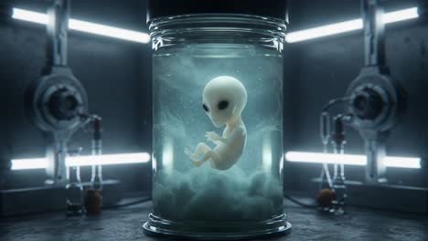 a mysterious creature enclosed in a glass container: a close-up study of an alien being surrounded by a cloudy atmosphere and futuristic laboratory elements