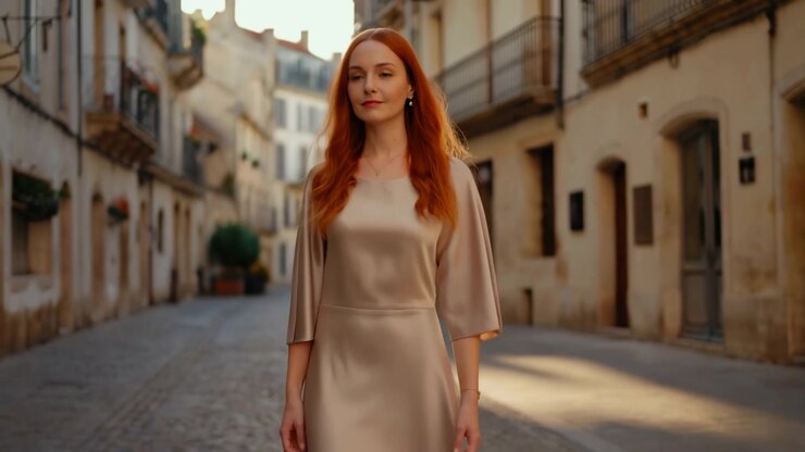 La vista che si allontana si allarga attorno a una donna dai capelli rossi in un vestito beige, che mantiene una postura rilassata mentre la luce solare dorata le delinea i capelli e facciate di edifici invecchiati incorniciano la strada tranquilla