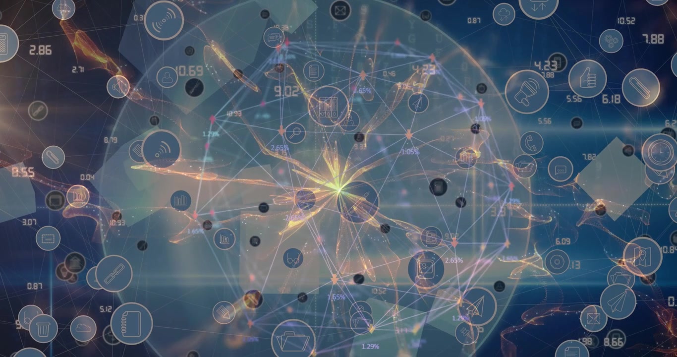 Animation of network of connections with icons over globe