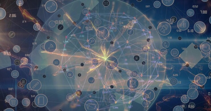Animation of network of connections with icons over globe