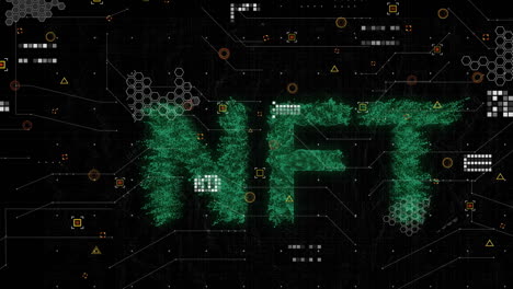 animation of nft text over data processing on black background