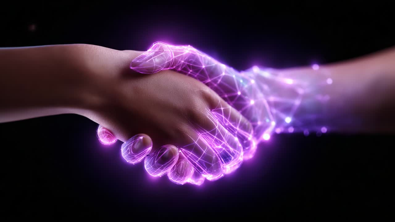The Fusion of Human and Digital Interaction: A Visual Representation of a Handshake Between Human and Futuristic Energy-Infused Digital Hands Symbolizing Unity and Cooperation in a High-Tech World
