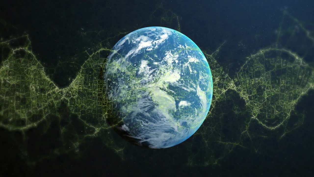 Rete digitale che emerge da sinistra, con un'elica che scorre dietro un pianeta e mostra dati in orbita attorno al globo.