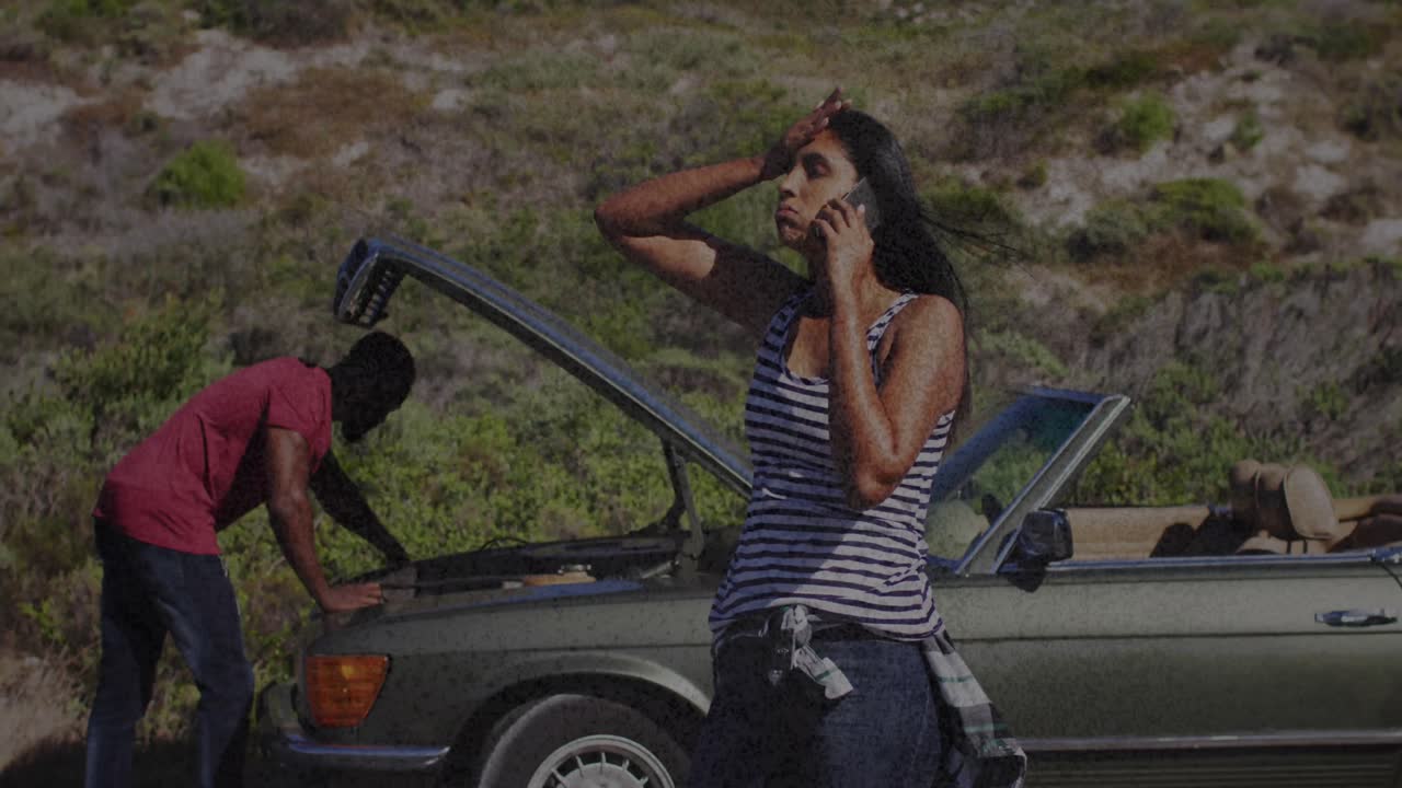 animación de una pareja diversa estresada que pide ayuda