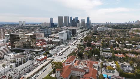 drone shot overlooking downtown los angeles